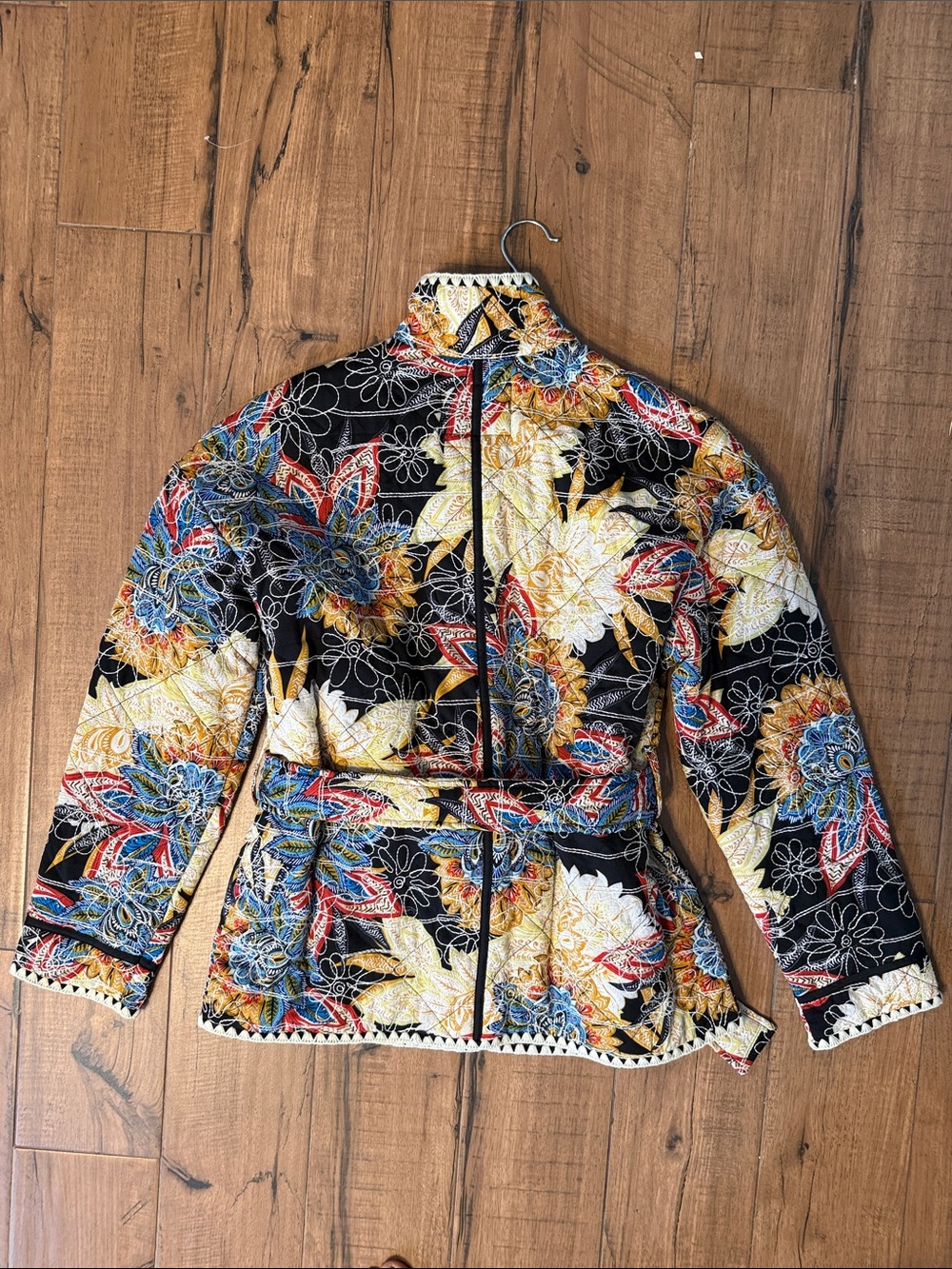 7 For All Mankind Quilted Floral Belted Jacket - Black Multi - Picture 7 of 7